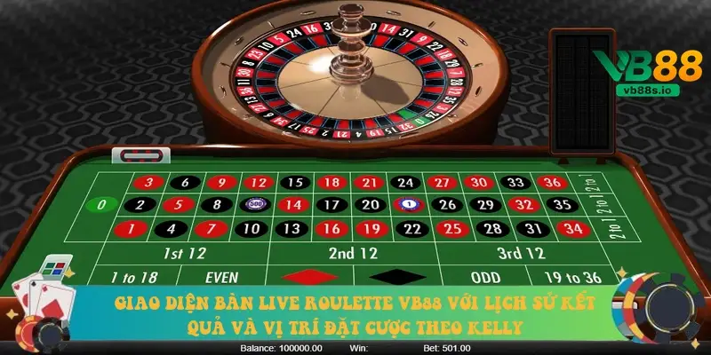 Giao diện bàn live roulette VB88 với lịch sử kết quả và vị trí đặt cược theo Kelly